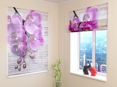 Raffrollo mit Kettenzug "Orchideen und helles Holz" Fotorollo, Faltrollo mit 3D Foto