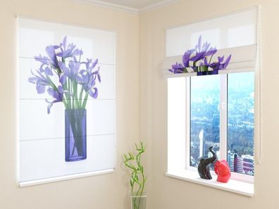 Raffrollo mit Kettenzug "Vase mit Iris" Fotorollo, Faltrollo, Raffgardine 3D mit Foto