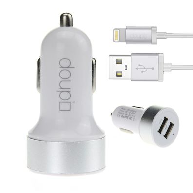 Dual USB Auto Lade Set Adapter Kabel iPhone X 8 7 6S Plus 5 5S SE iPad iPod Weiß