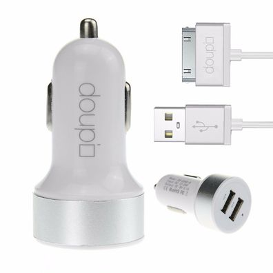 2in1 Dual USB Auto Lade Set Adapter Kabel 30pin iPhone 4 4S iPad iPod Weiß