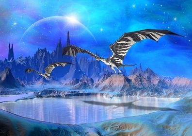 XXL Poster 100 x 70cm Dragon Fantasy World, Drachen, blauer See, Berge, Sterne