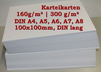 Karteikarten 160g, 300g, DIN A4, A5, A6, A7, A8, lang,100x100 Notizzettel Lernkarten