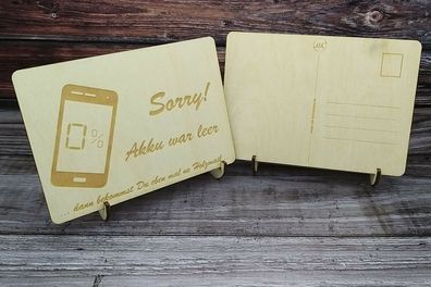 Holzpostkarte - Sorry Akku war leer - Holz Postkarte Grußkarte Post Karte
