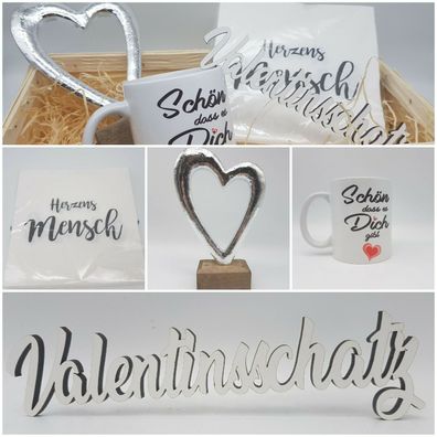 Geschenkset Flechtkorb mit Schriftzug, Herz und Tasse zum Valentinstag