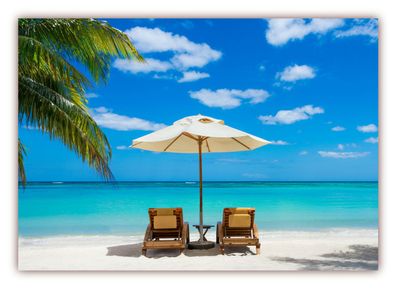 XXL Poster 100 x 70cm Palmenstrand mit blauem Wasser weißem Sand Sonnenschirm