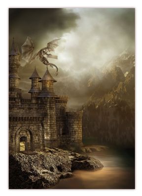XXL Poster 100 x 70cm Drachen attackiert Festung Fantasy-Dragon