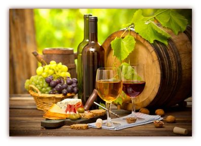 XXL Poster 100 x 70cm Wein mit Weintrauben Weinfaß Käse Oliven rustikaler Tisch