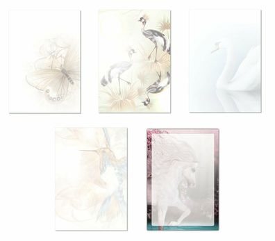 5 x 5 Blatt Motivpapier Briefpapier Mix Schmetterlinge Pfauen Schwan(Tiere-5242)