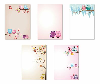 5 x 5 Blatt Motiv Briefpapier Mix DIN A4 Eulenpapier gemischt rosa (Eulen-5223)