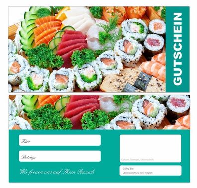 50 x TOP Premium Geschenkgutscheine (Fisch-679) Sushi Lachs Gastro Gutscheine
