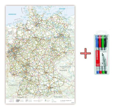XXL B1 topografische Deutschlandkarte abwischbar + Stifteset Landkarte Poster