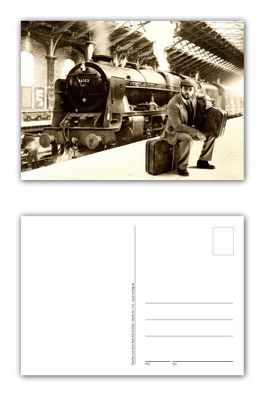 12 Stück Postkarten Warten auf dem Bahnhof Dampflok Lokomotive schwarz weiß