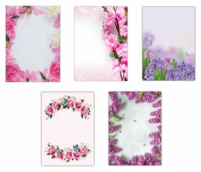 5x10 Blatt Briefpapier Mix DIN A4 Blumen Rosen Blüten Flieder Hyazinthen (5232)