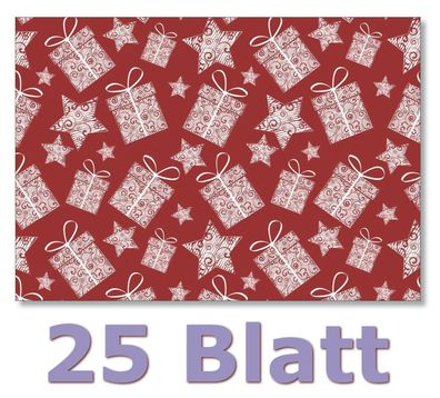 25 Blatt Geschenkpapier schöne Geschenke und Sterne rot Weihnachten Ges-504