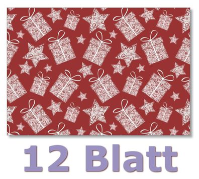 12 Blatt Geschenkpapier schöne Geschenke und Sterne rot Weihnachten Ges-504