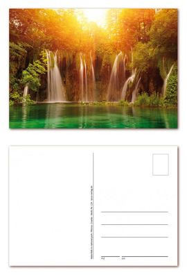 12 Stück Postkarten DIN A6 mit Wasserfall und Waldsee im Sonnenschein (PKT-124)