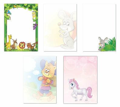 5x5 Blatt Motiv Briefpapier DIN A4 Maus Kater Hase Pony Dschungel (Kinder-5224)