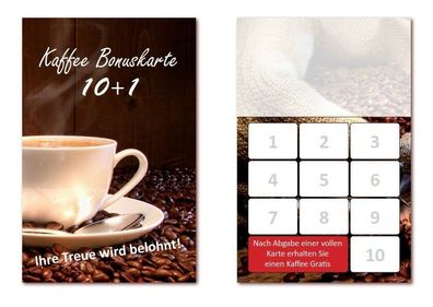 500 Stück hochwertige Bonuskarten Kaffee mit 10 Stempelfelder Gastronomie Café