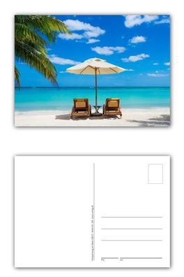 12 Stück Postkarten Palmenstrand mit blauem Wasser weißem Sand Sonnenschirm