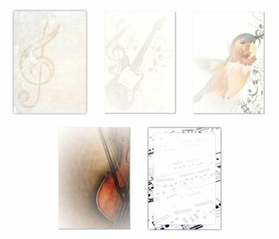 5 x 10 Blatt Motivpapier Briefpapier Mix DIN A4 Noten Gitarre Geige (Musik-5225)