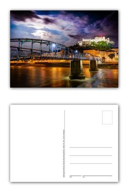 12 Stück Postkarten Blick auf Salzburg und auf die Brücke Mozartsteg bei Nacht