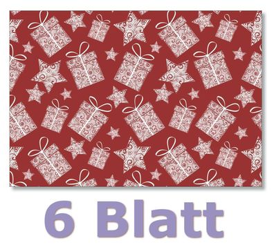 6 Blatt Geschenkpapier schöne Geschenke und Sterne rot Weihnachten Ges-504
