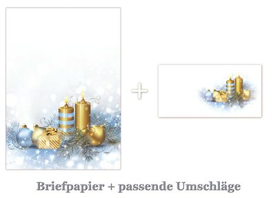 100 Blatt Briefpapier + Umschläge 5051 DIN A4 Weihnachten goldene Kerzen Kugeln