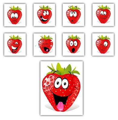 9 verschiedene Folienaufkleber mit Erdbeeren, Aufkleber mit Erdbeer-Gesichtern