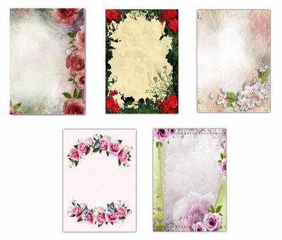 5 x 5 Blatt Briefpapier Mix DIN A4 Blumen Blüten Vintage Rosen Retro (MPA-5235)