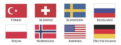 8 Fahnen a' 3 Stück Folienaufkleber Flaggen verschiedene Länder