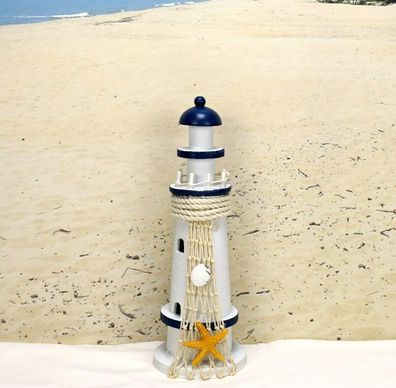 Holzleuchtturm Leuchturm blau weiß 27 * 9 cm Dekorationsartikel mit Seestern Netz