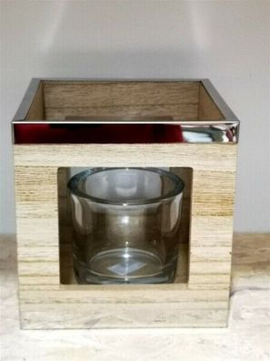 Windlicht Holz und Metall 15 * 15 * 15 cm quadratisch Teelicht Halter Glas modern