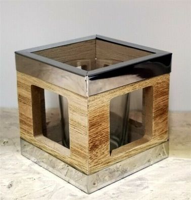 Windlicht aus Holz und Metall 8 * 8 * 8 cm quadratisch Teelicht Halter Glas modern