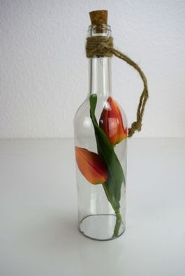 Glasflasche mit Kunsttulpen ca. 30 x 7 cm Orange Schnur und Korken Dekoration :
