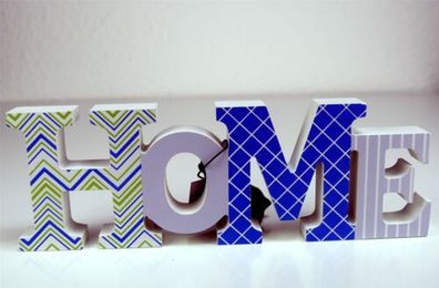 Schriftzug Home Buchstaben 25 * 8,5 * 2 cm gemustert blau weiß Handarbeit