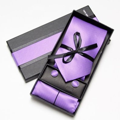 Krawatte Manschettenknöpfe Tuch,3er Herren Geschenk Set in Box, Tie Gift, lila