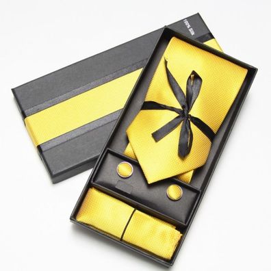 Krawatte Manschettenknöpfe Tuch,3er Herren Geschenk Set Box, Tie Gift, gelb