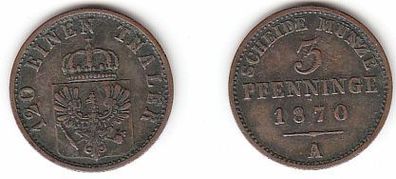 3 Pfennige Kupfer Münze Preussen 1870 A sehr schön