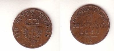3 Pfennige Kupfer Münze Preussen 1864 A f. ss