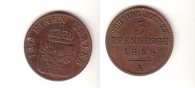 3 Pfennige Kupfer Münze Preussen 1858 A f. ss