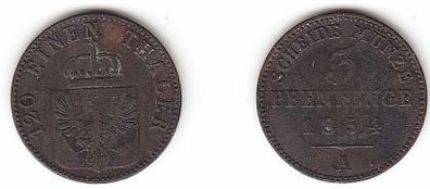 3 Pfennige Kupfer Münze Preussen 1854 A s/ ss