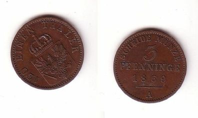 3 Pfennige Kupfer Münze Preussen 1869 A ss+