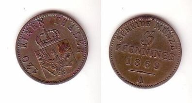 3 Pfennige Kupfer Münze Preussen 1869 A vz