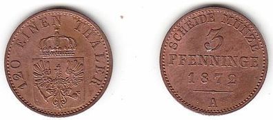 3 Pfennige Kupfer Münze Preussen 1872 A f. vz