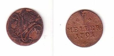 1 Heller Kupfer Münze Hessen Kassel 1791 s/ ss