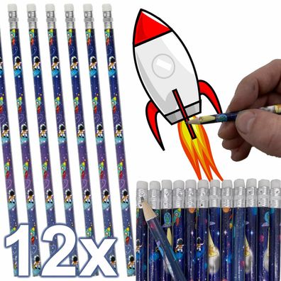 12 Bleistifte + Radierer - Weltraum Astronaut Rakete Kindergeburtstag Mitgebsel