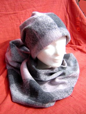 Set zweiteilig Mütze und Schal weiche Wolle Walk Karo Farbe grau rose B6
