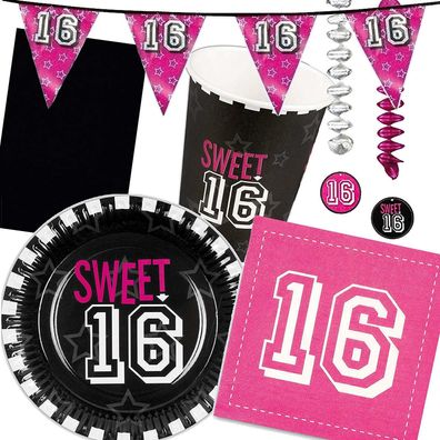 SWEET 16 - Geschirr Deko zum 16. Geburtstag Mottoparty Pink Party süße Sechzehn