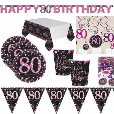 80. Geburtstag - PINK Sparkling 80 - Deko Ballons Tischgeschirr zum Jubiläum Set