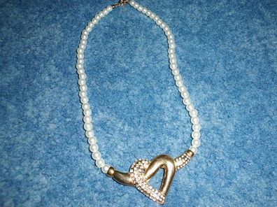 Kette / Perlenkette / perlmutt mit Goldverschluß und Herz mit Steinen 42cm